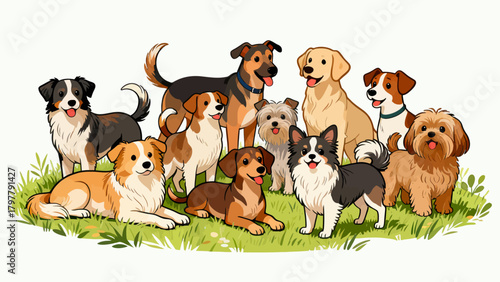 A collection of various cute puppies, with cartoon hand-drawn vector illustrations