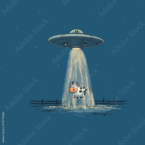 Alien Spaceship Abducting a Cow with Light Beams - Cartoon Sci-Fi Illustration.
