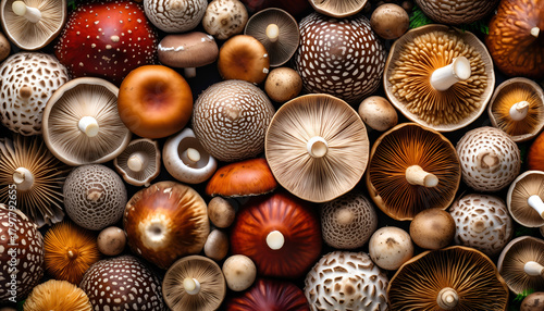 A Diverse Collection of Wild Mushrooms in Various Shapes Sizes and Colors Featuring Red Spotted and Brown Varieties Arranged Overhead in a Natural Pattern