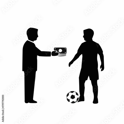 Businessman hands money to soccer player symbolizing sports business deal, sponsorship, or payment