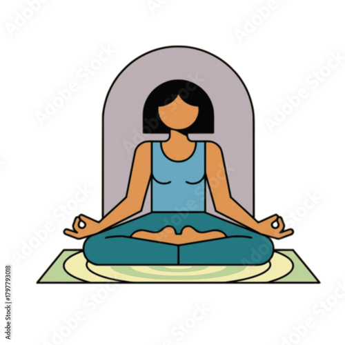 Woman meditating in lotus pose (Padmasana) illustration. Graphic vector art representing yoga, mindfulness, relaxation, and spiritual wellness.