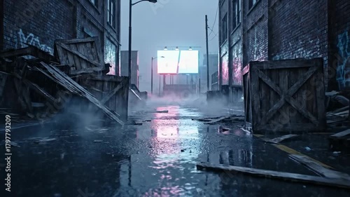 Moody Alleyway: Rain-Soaked Street, Neon Reflections, Urban Atmosphere