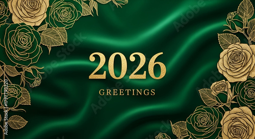 2026 Greetings on Green Silk with Gold Roses year number