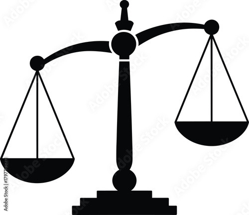 Classic justice scale silhouette symbolizing law, balance, fairness, legal judgment, equality, courtroom authority, and legal system illustration for professional design projects