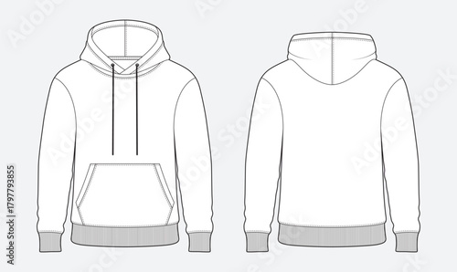 Hoodie flat sketch vector, hoodie outline drawing, fashion technical drawing, apparel design template