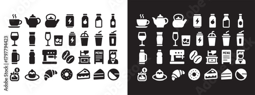 Coffee and Beverage Icons Set – Cafe Drinks, Desserts, Barista Elements, Black and White Silhouette Style