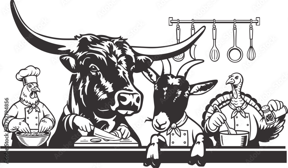 Fototapeta Funny cartoon animal chefs cooking illustration with bull goat and turkey in kitchen, black and white vector art of farm animals preparing food with human chef for restaurant menu concept culinary des