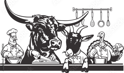 Funny cartoon animal chefs cooking illustration with bull goat and turkey in kitchen, black and white vector art of farm animals preparing food with human chef for restaurant menu concept culinary des