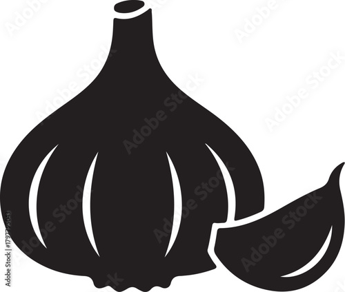 Black Silhouette of a Garlic Bulb and a Clove on a White Background Keywords: garlic silhouette food ingredient culinary herb vegetable cooking seasoning aromatic also transparent background