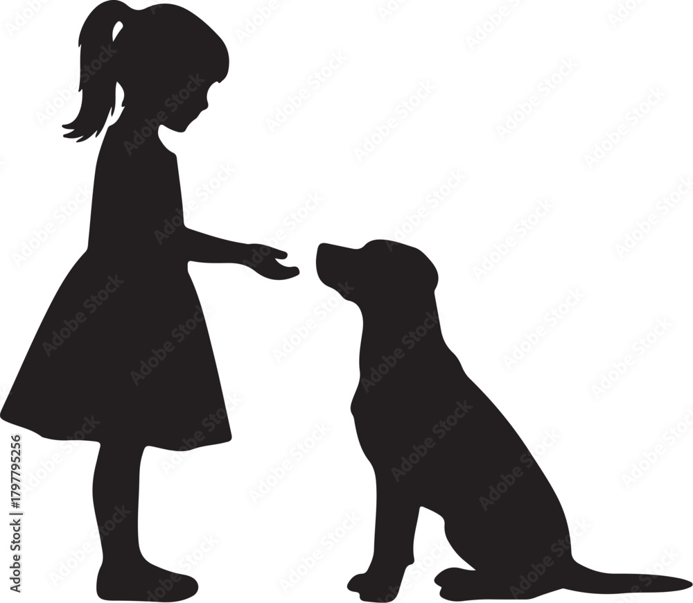 Obraz premium Silhouette of a Young Girl Offering a Treat to a Sitting Dog child puppy also transparent background