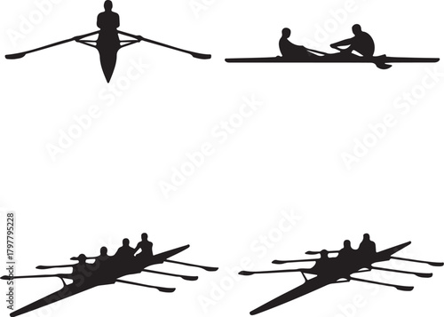 Rowing Boat Silhouettes Showing Single Scull Pair Scull and Four Person Crew with OarsExtended Description: A collection of four black silhouettes depicting rowing also transparent background