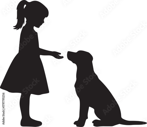 Silhouette of a Young Girl Offering a Treat to a Sitting Dog child puppy also transparent background