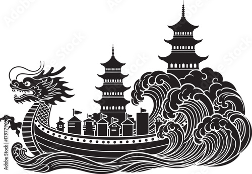 Dragon boat with pagodas and crashing waves in traditional asian art style