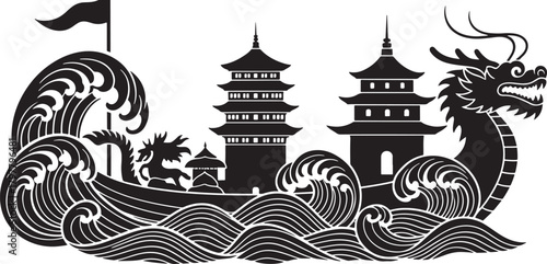 Silhouette of asian pagoda buildings with dragon and waves