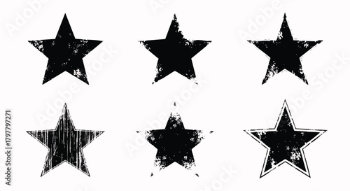 Six unique distressed black star shapes with grunge textures, perfect for festive holiday designs, evoking a merry Christmas spirit, perhaps with a tree, deer, or elk.