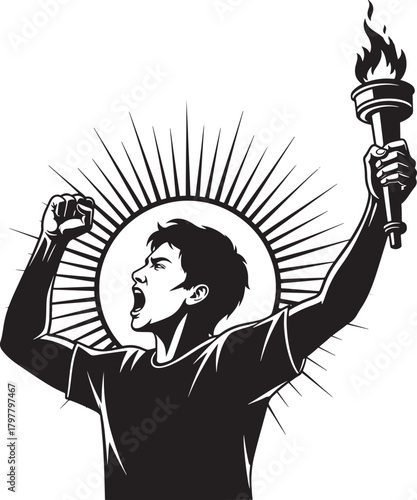 Person holding torch high with fist raised in protest