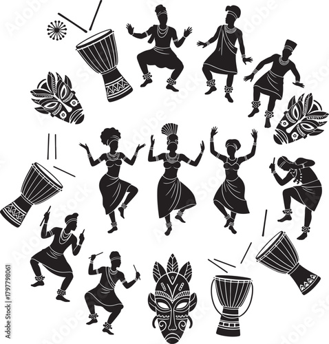 African tribal dancers and drums in circular pattern