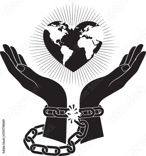 Hands holding a heart shaped earth breaking free from chains