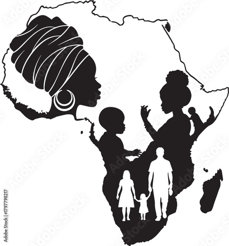 African family silhouettes within the outline of the continent of africa