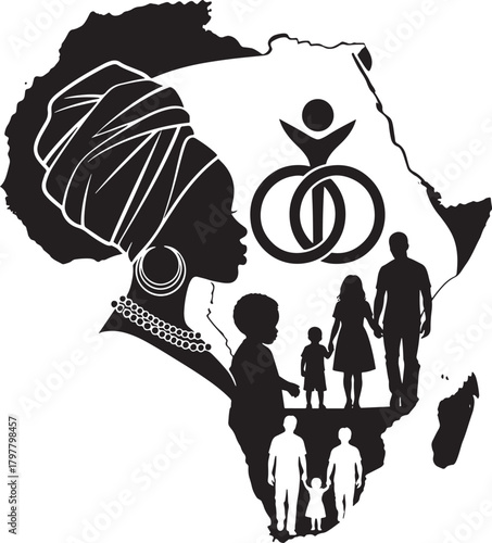 African family silhouette inside continent map with wedding rings