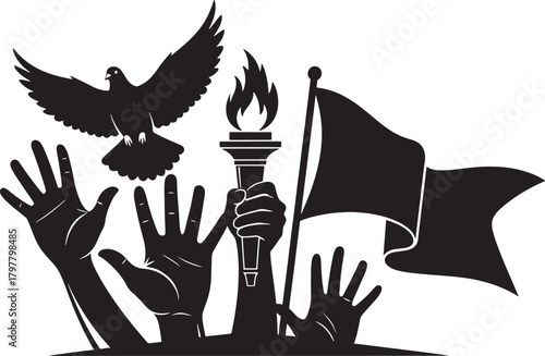 Symbolic silhouette of hands holding torch flag and dove