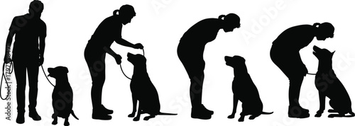 Silhouette of woman training dog with leash, obedience commands sequence, pet behavior instruction illustration for animal training and discipline concept