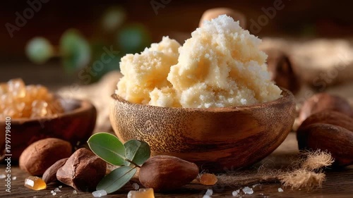 Wooden bowl of creamy, textured shea butter alongside nuts, leaves, crystals, and other wooden bowls