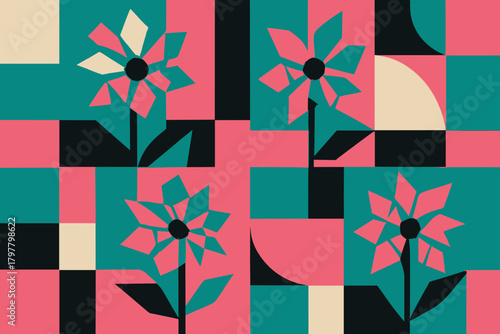 Highlight the use of repeating or interlocking floral motifs within a structured grid.