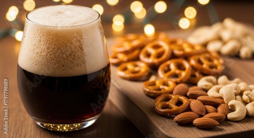 glass of beer with pretzels and nuts