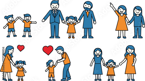 Cartoon family characters, holding hands, parenting love, diverse relationships, child care, emotional bonding, flat vector, colorful design, affection, connection