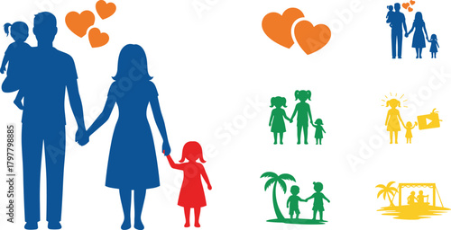 Colorful family silhouettes, love icons, parenting scenes, children, vacation, swing, palm tree, emotional bonding, flat vector illustration, graphic design