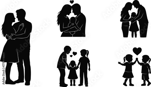 Family love, bonding moments, parents and children, heart icons, emotional connection, silhouette scenes, relationship care, flat vector illustration