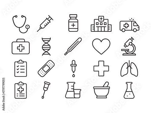 Medical & Healthcare Icons. Clean line-style medical icon set