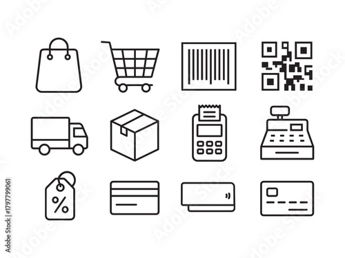 E-commerce and Shopping Icons Set – Retail, Payment, Delivery, Barcode, QR Code, Outline Style