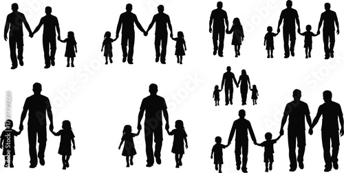 Family silhouettes, diverse group, parenting scenes, holding hands, black vector, flat design, children, adults, togetherness, love, care, unity, support