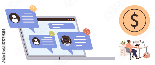 Laptop screen with chat bubbles, user profile icons, and financial consultation themes. To the side, a freelancer at a desk working with customer service. Ideal for finance, communication, freelance