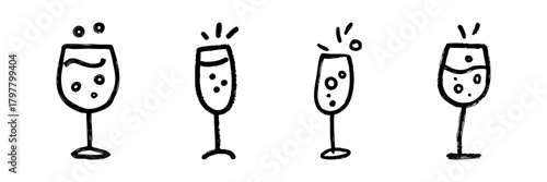 Four Wine Glasses With Bubbles Line Icon Set In Doodle Style. Celebration, Festivity, And Beverage Enjoyment Outline Sketch Collection. Hand Drawn Isolated Vector Illustration