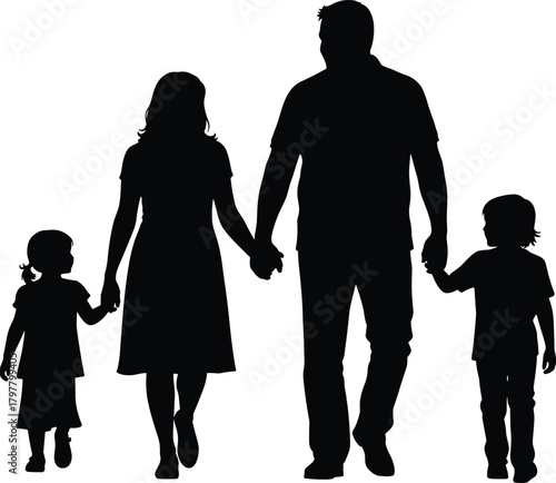 Family walking together silhouette, two adults and two children, holding hands, unity, support, black flat design, flat vector illustration