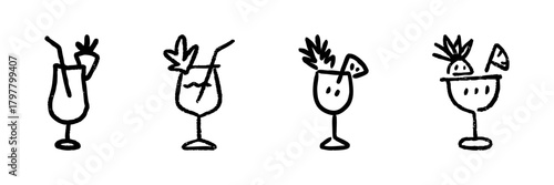 Tropical Cocktail Glasses Line Icon Set In Doodle Style. Refreshing Summer Drinks And Exotic Beverage Outline Sketch Collection. Hand Drawn Isolated Vector Illustration