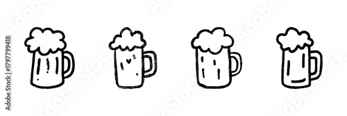 Beer Mug Line Icon Set In Doodle Style. Craft Beer, Brewing, And Beverage Celebration Outline Sketch Collection. Hand Drawn Isolated Vector Illustration