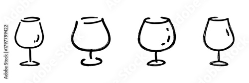 Wine Glasses Line Icon Set In Doodle Style. Beverage And Dining Outline Sketch Collection. Elegant Drinkware Illustrations. Hand Drawn Isolated Vector Illustration
