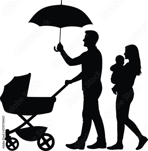 Family walking together, parents with baby, stroller and umbrella, silhouette style, outdoor care, flat vector illustration, parenting, love, protection