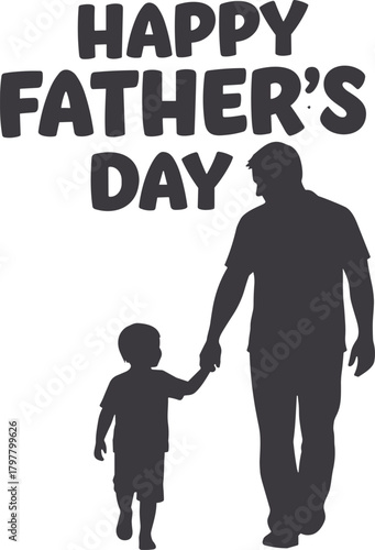 Father and child, walking together, Father's Day celebration, black silhouette, family bond, parenting love, flat vector illustration, holiday greeting design