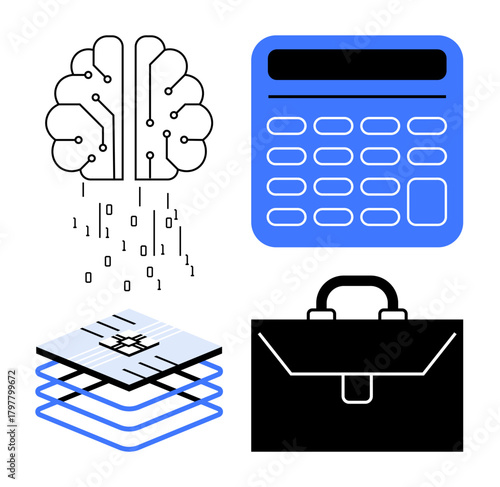 Brain with circuits, binary data, calculator, layered chips, and briefcase symbolizing AI, technology, innovation, business programming data analysis and digital transformation. Ideal for tech