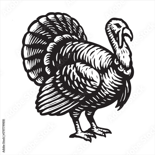 A classic engraved illustration of a plump, domestic turkey, rendered in stark black and white, evokes a sense of tradition and bounty, ideal for autumn, harvest, and festive holiday themes
