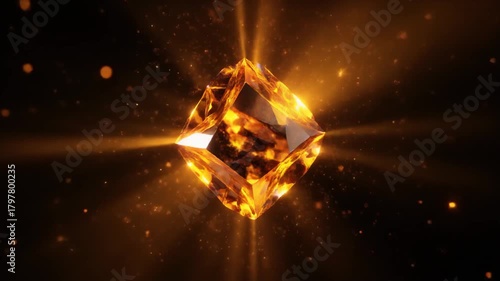 Rotating Golden Amber Crystal with Dazzling Light Rays and Sparkles