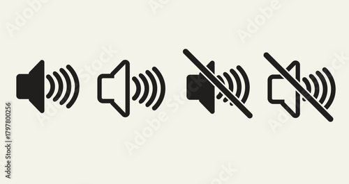 Speaker icon with various volume states including mute, low volume, and high volume, suitable for media and app UIs.
