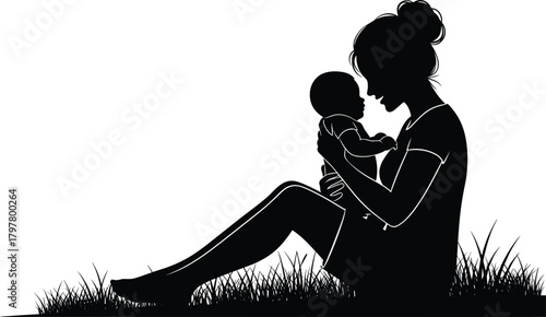 Parent holding baby, emotional bonding moment, silhouette style, sitting on grass, love, care, connection, flat vector illustration, minimal design