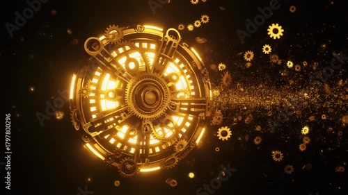 Golden Mechanical Sun with Glowing Gears and Energy Particles