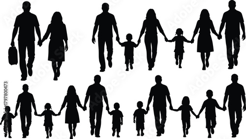 Silhouette families walking, adults and children holding hands, diverse family groups, unity, love, care, flat vector illustration, togetherness, parenting